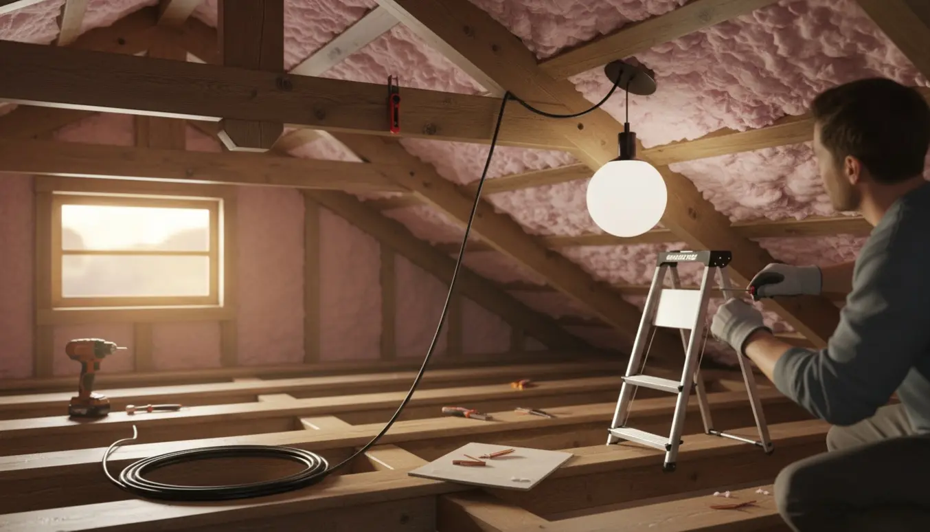 Elektriker trækker kabel og monterer en loftslampe i et loftsrum med værktøj og isolering i baggrunden.