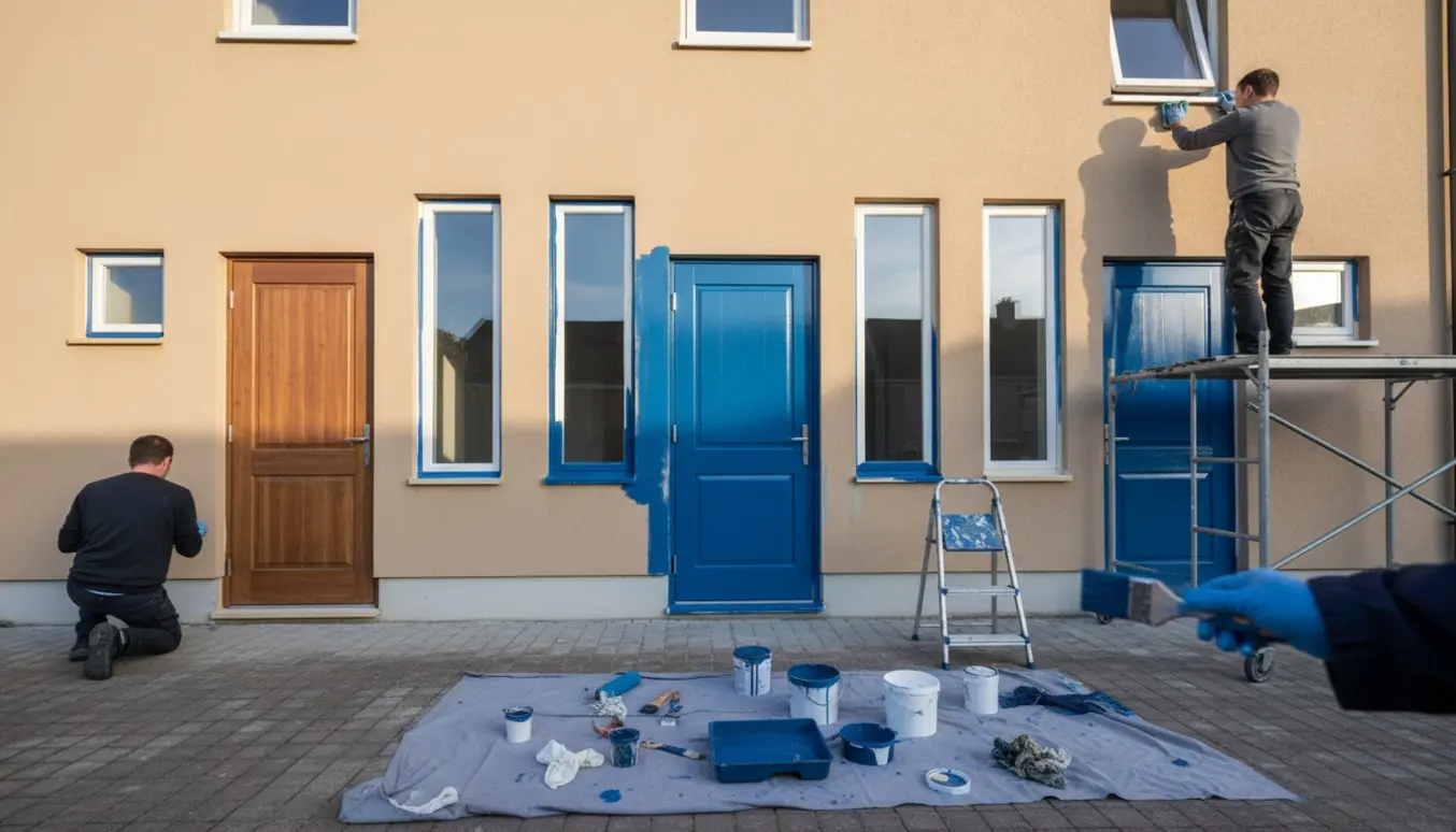 Udendørs facade med malere og malergrej, nymalede døre og vinduesrammer på stueplan og et vindue på 1. sal.