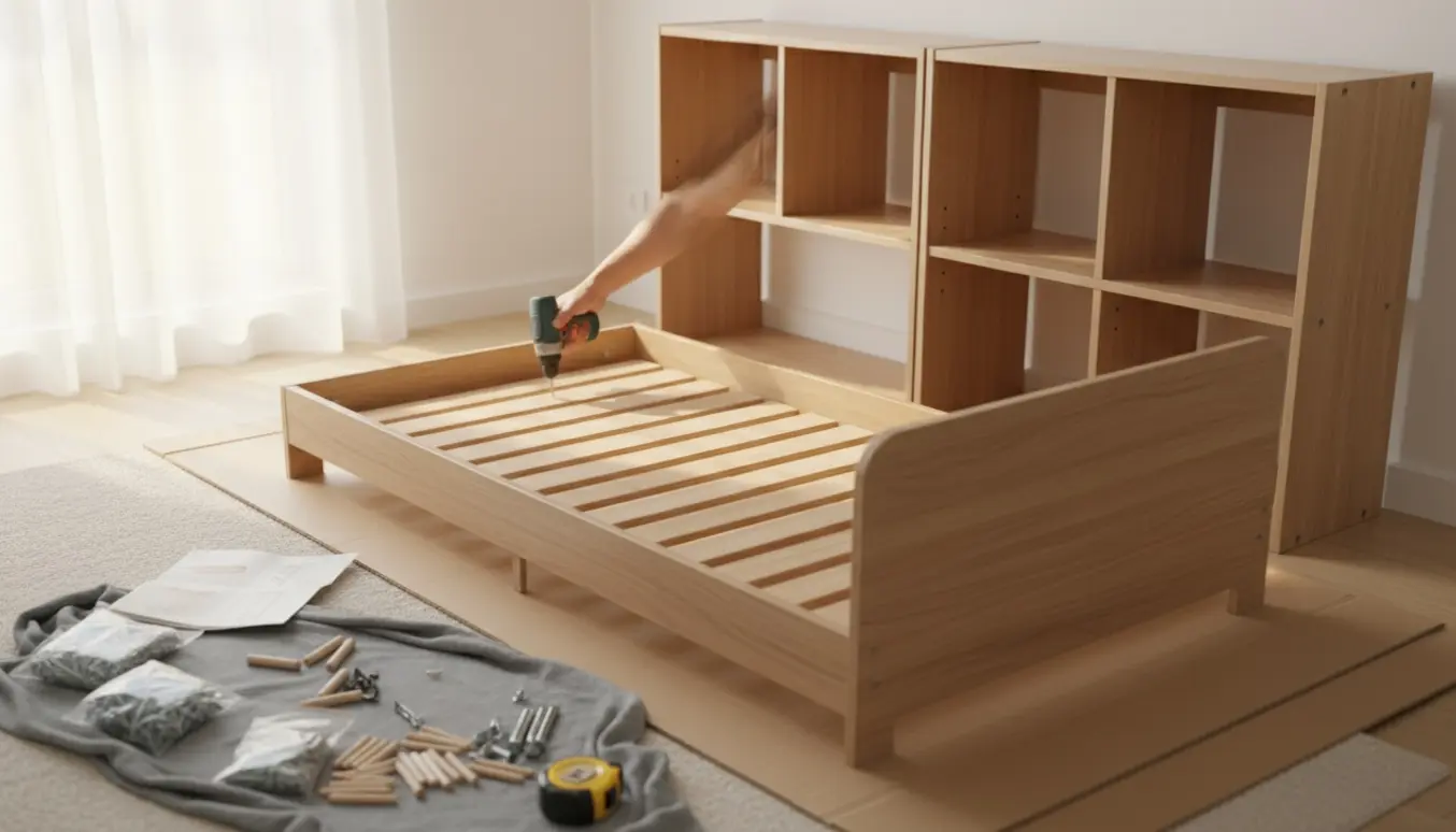 Delvist samlet IKEA-reol og børneseng på gulvet med værktøj og hænder i arbejde.