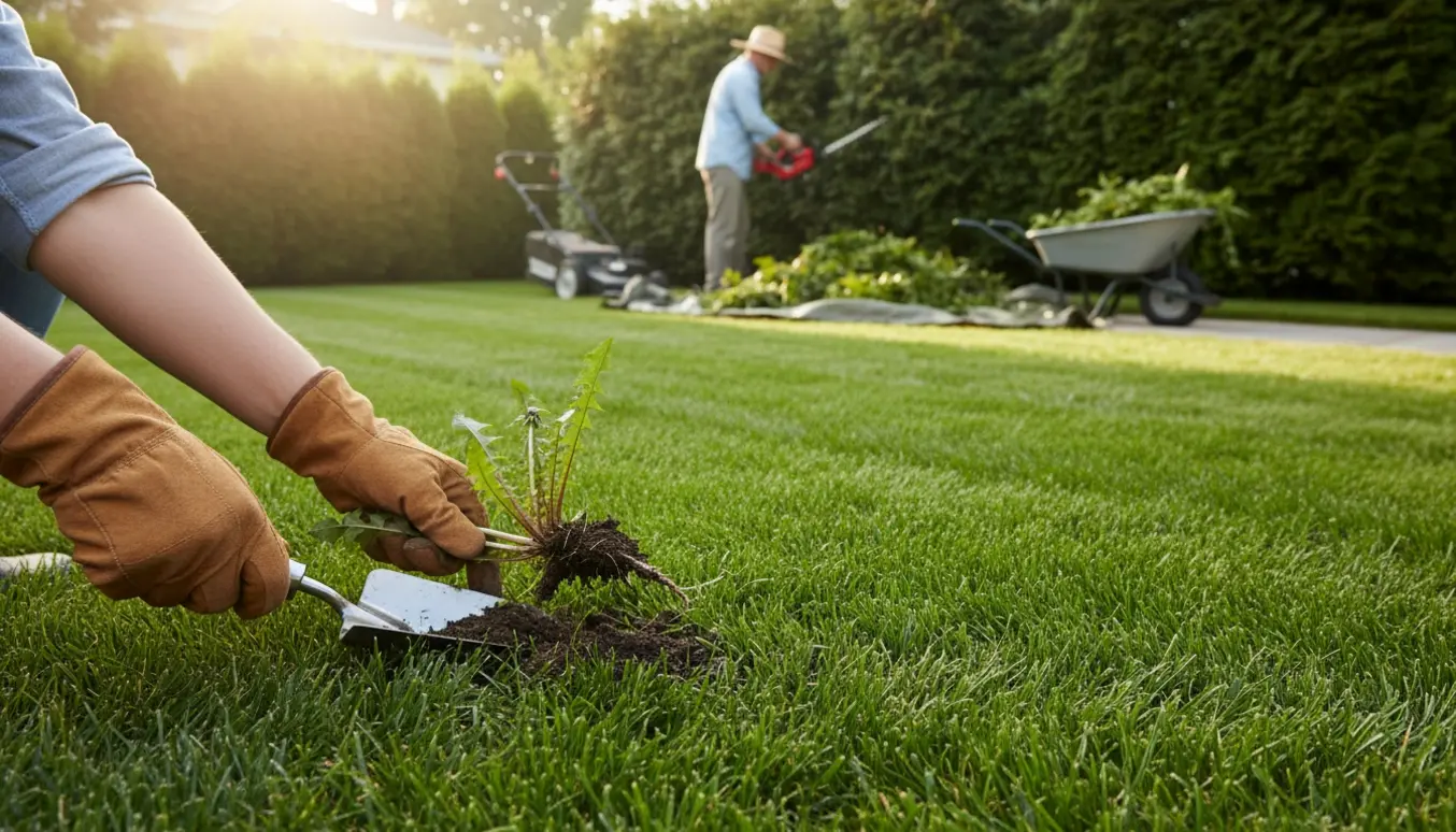 Handsker fjerner ukrudt i forgrunden, nyslået græs og en person set bagfra, der klipper en hæk.