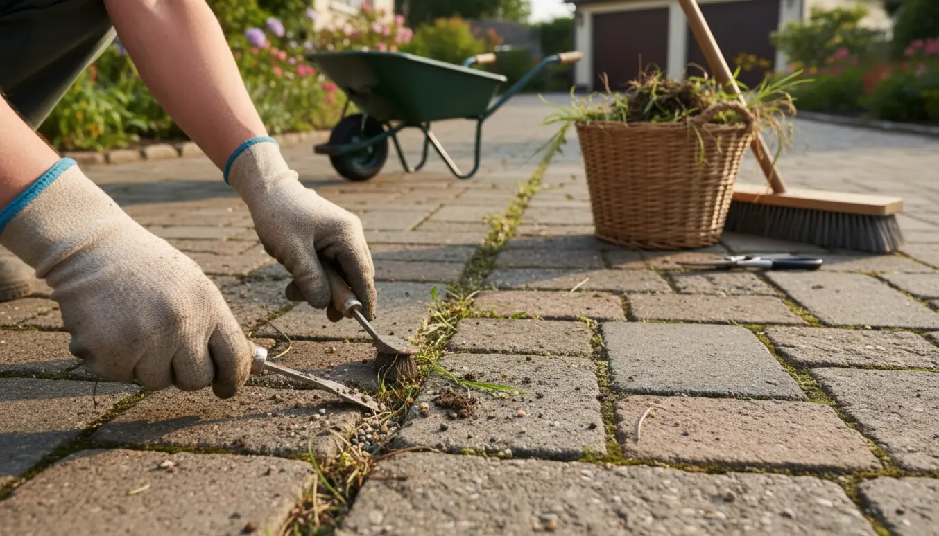Gloveklædte hænder fjerner ukrudt mellem fliser i en lang indkørsel med værktøj og fyldt trillebør i baggrunden.