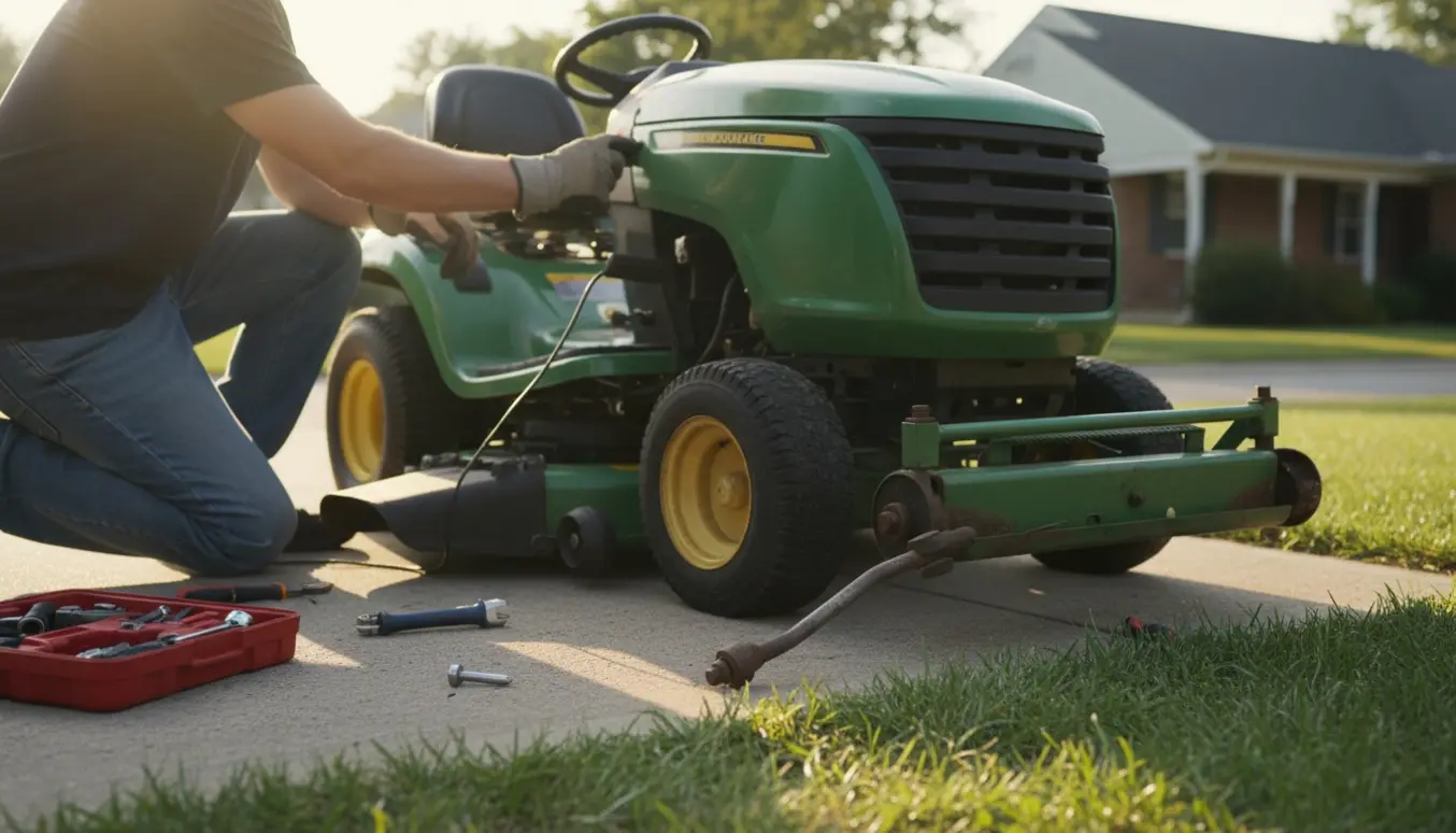 En person inspicerer en havetraktor med en blokeret kniv og værktøj lagt ved siden af.