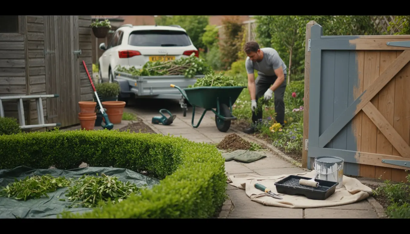 Nyligt klippet hæk med beskårne grene, fjernet ukrudt og en halvmalet havelåge klar til at blive kørt væk i en trailer.