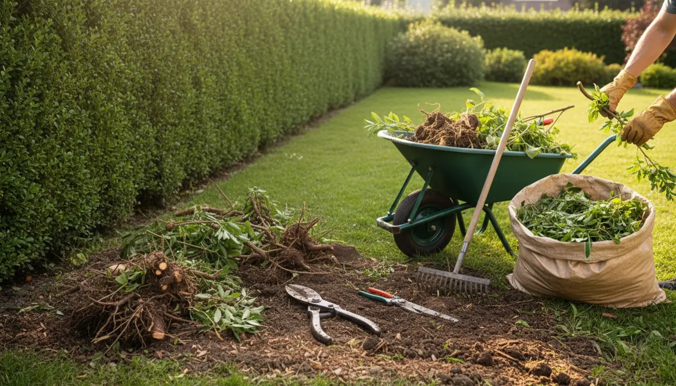 Haveredskaber og håndsker foran en nyryddet hæk og et hjørne med opgravede ukrudtsrødder.