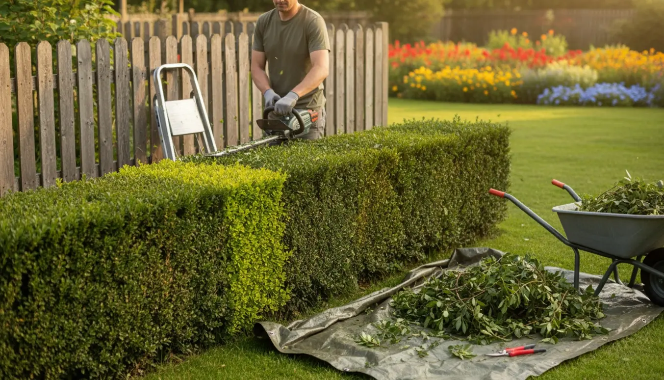 En person trimmer en hæk med en elektrisk hækklipper, mens friske grønne klip samles på en presenning.