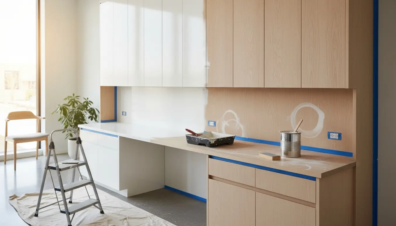 Hyperrealistisk foto af maling af et stort indbygget skab og tilhørende bord med værktøj og frisk påført maling.