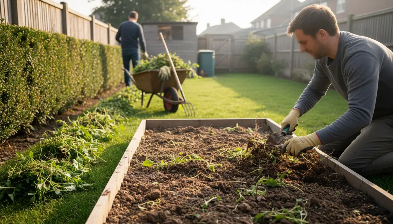 To personer rydder ukrudt langs en hæk og i et 2x3 m bed med håndredskaber og en trillebør i morgensol.