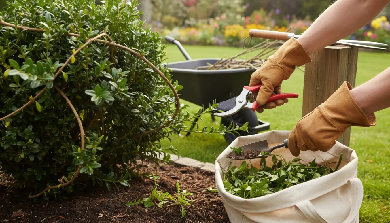 Hænder i handsker klipper slyngplanter og fjerner ukrudt i en baghave.