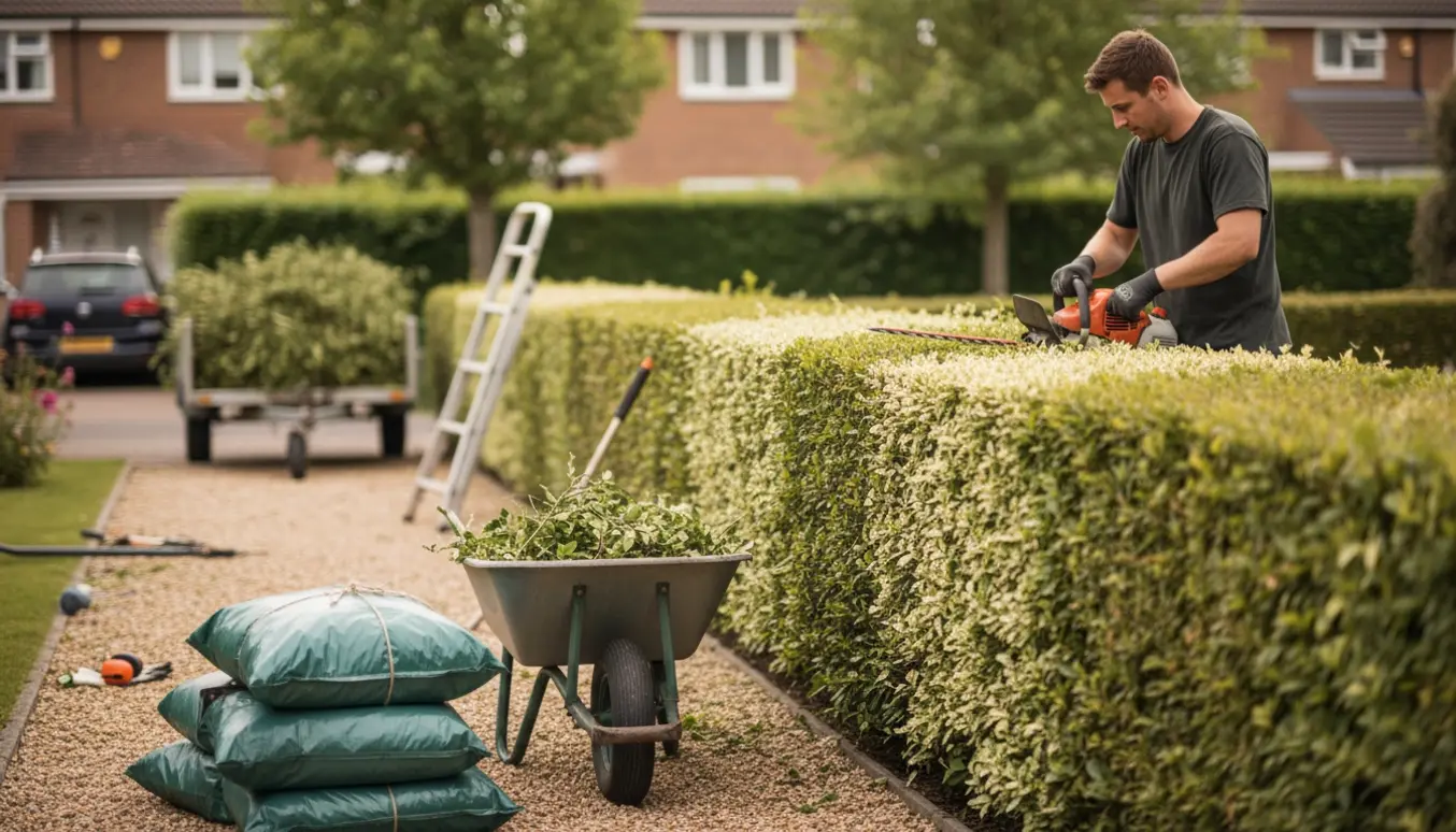 Over-shoulder-foto af hækkeklipning på en ligusterhæk med nyslået kant og opsamlet hækkeaffald i trillebør og sække.