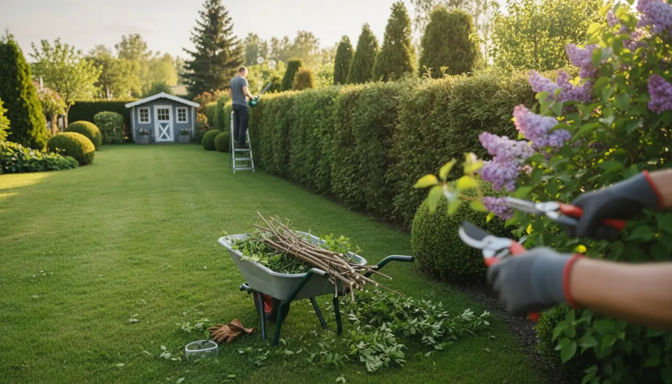 En havearbejder trimmer hæk og buske på en rummelig grund med afklip i en trillebør.