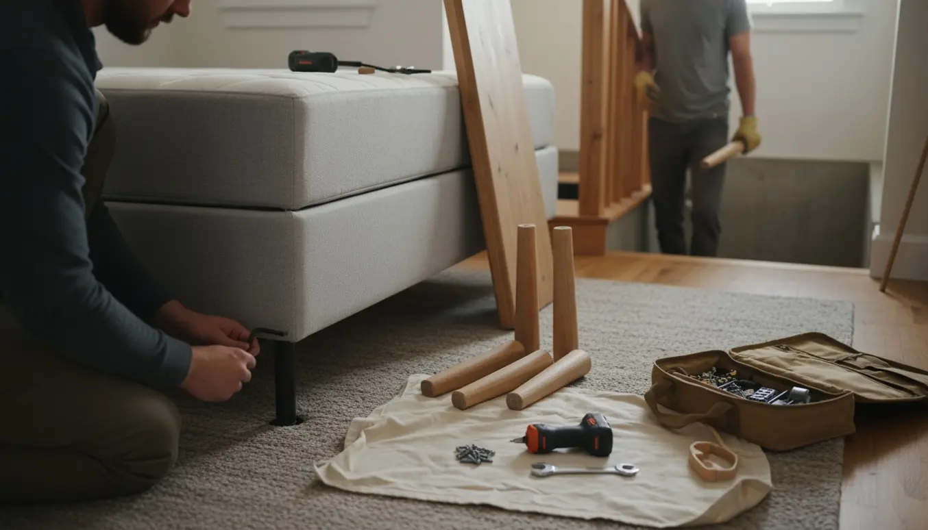 Montering af ben på en lysegrå boxmadras med en delvis adskilt træbænk og dele ved en åben trappe til kælderen.