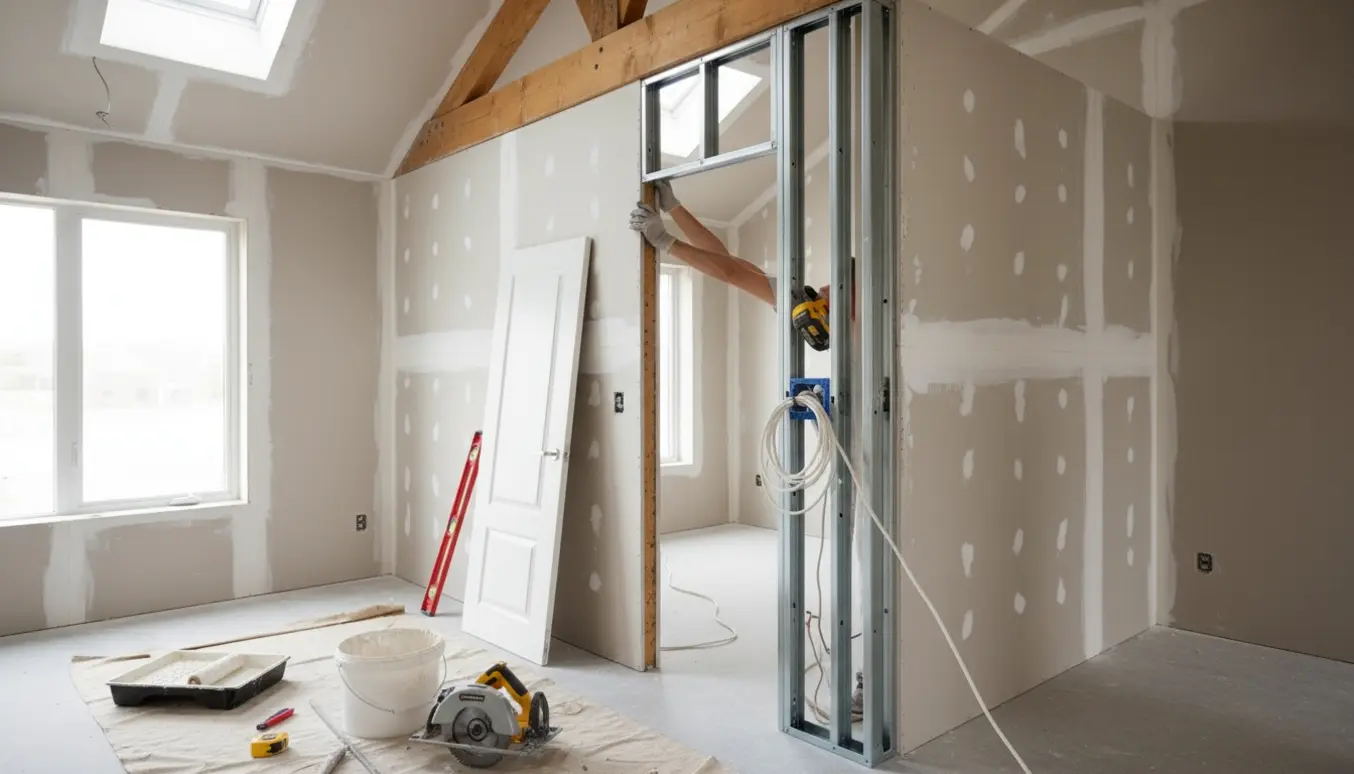 Halvfærdig gipsvæg som rumdeler i værelse med skråvæg og synligt hanebånd, døråbning, elinstallation og værktøj.