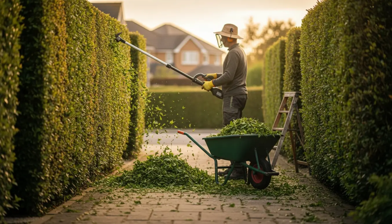 Langtids hækkeklipper trimmer toppen og ydersiden af to hække langs en sti, med friske klip samlet på stien.