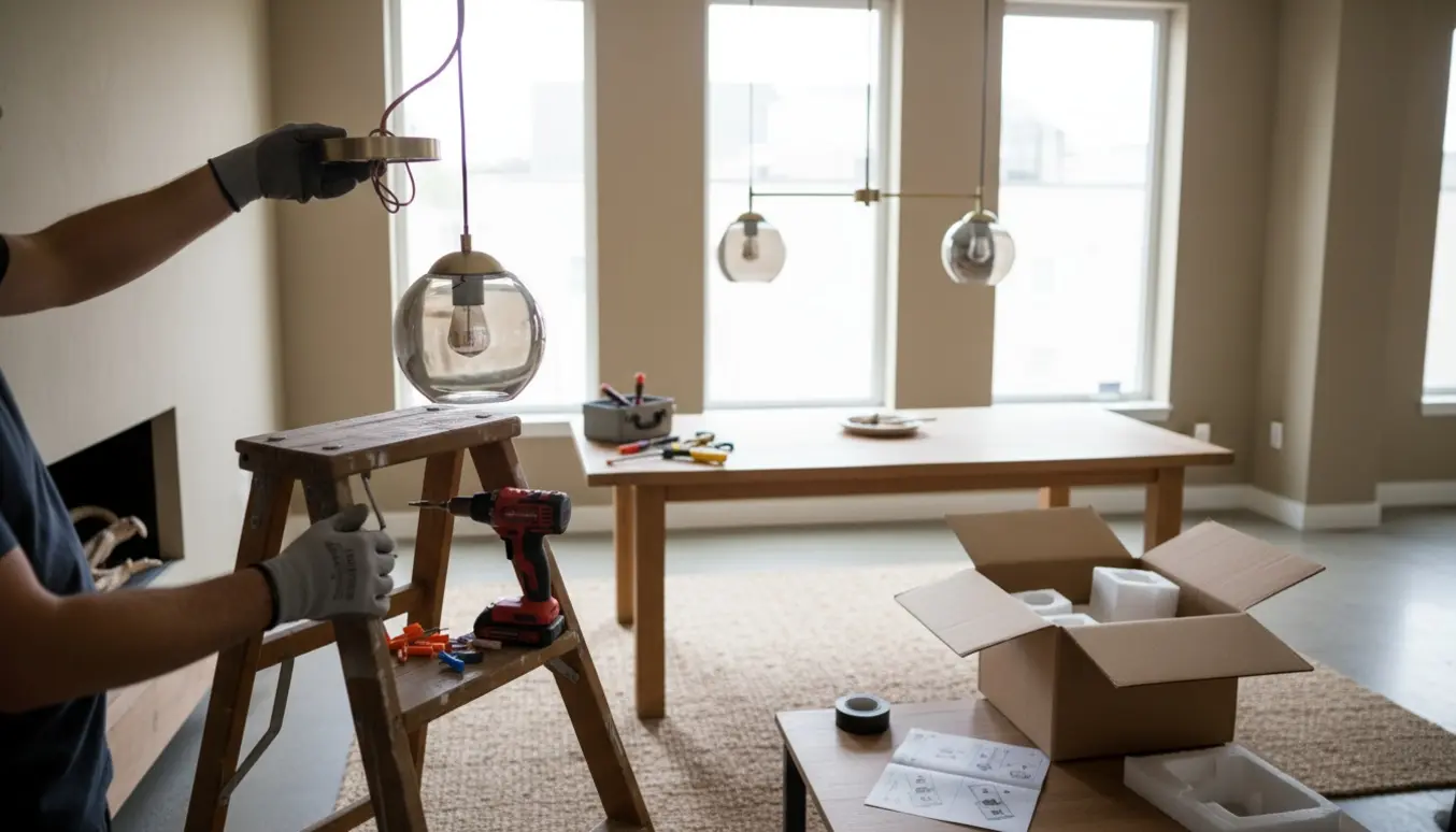 Hængelamper monteres i en åben stue- og spisestue med stige og værktøj.