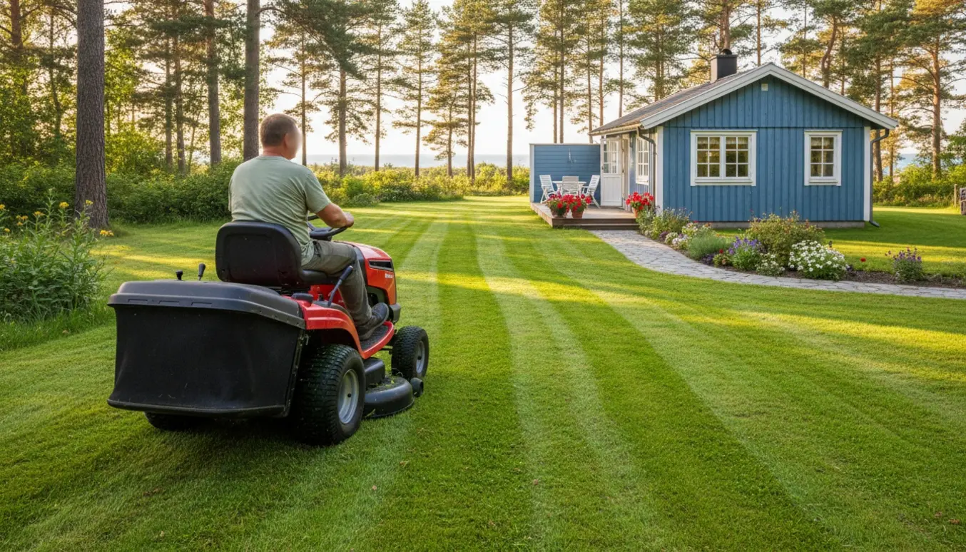En person kører en rider og klipper græsset på en sommerhusgrund med synlige nyklippede striber.