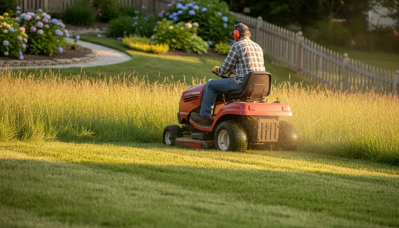 En plænetraktor slår højt græs på en let skrånende græsplæne med kontrast mellem nyklippet og højt græs.