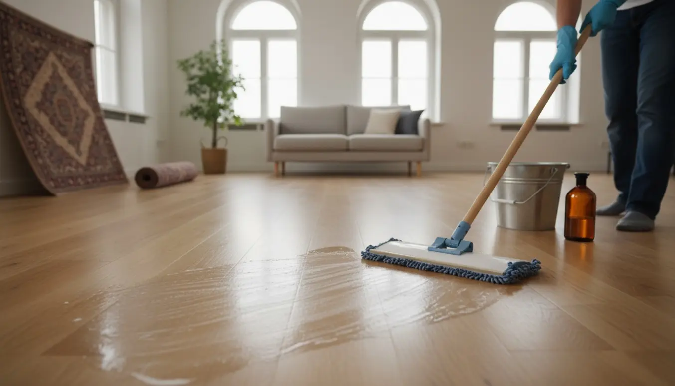 Ryddet lejlighed hvor en mikrofibermop rengør blanke plankegulve i varmt dagslys.
