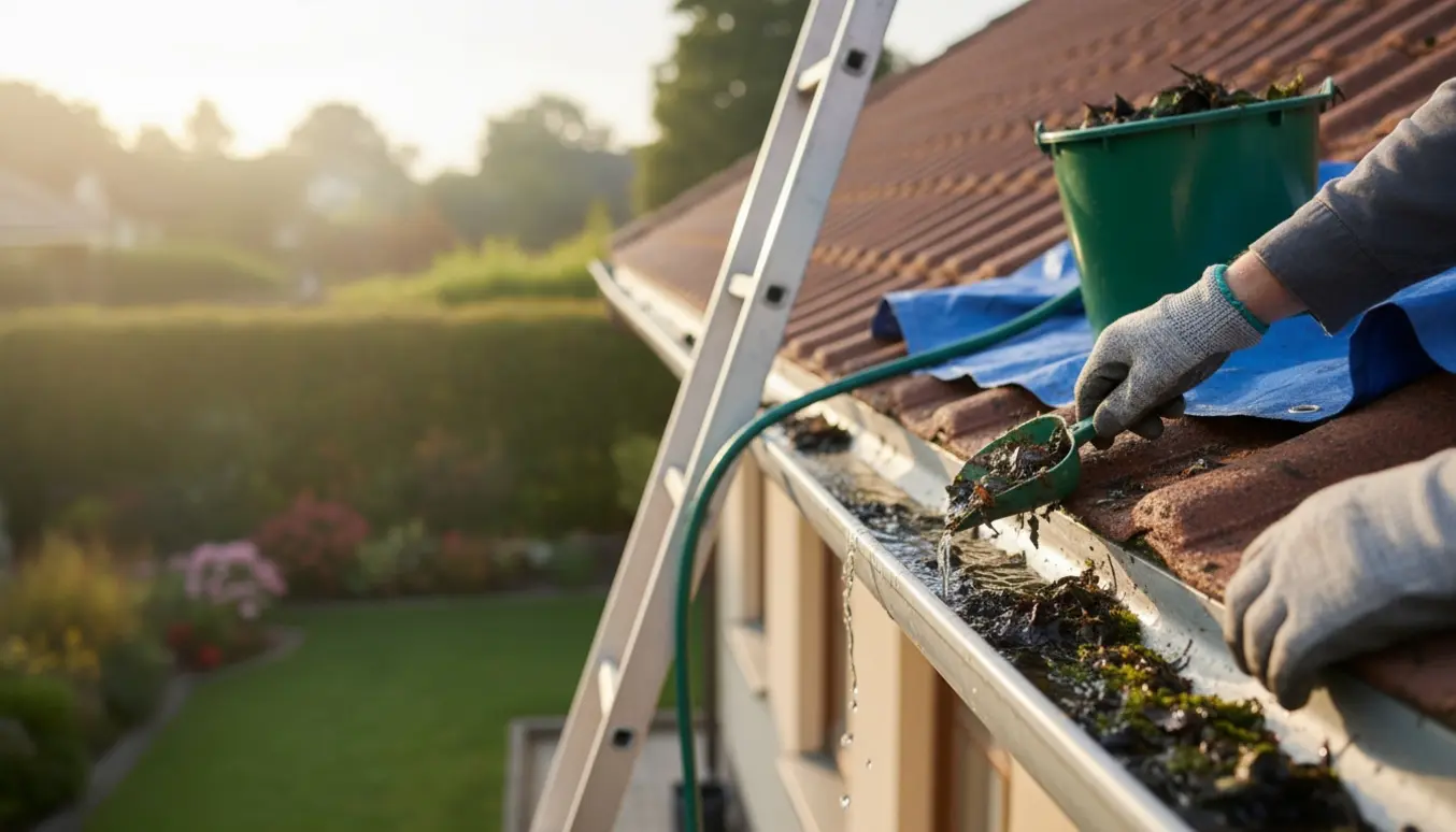 En handsket hånd fjerner blade og mos fra en lang tagrende på et parcelhus.
