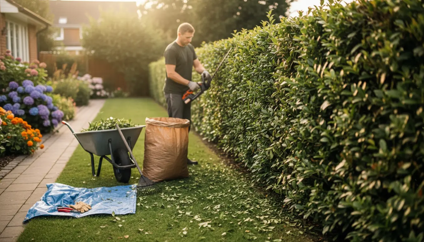 Person klipper hækkens inderside i en parcelhushave, mens klip samlet i en trillebør og en havepose klar til bortkørsel.