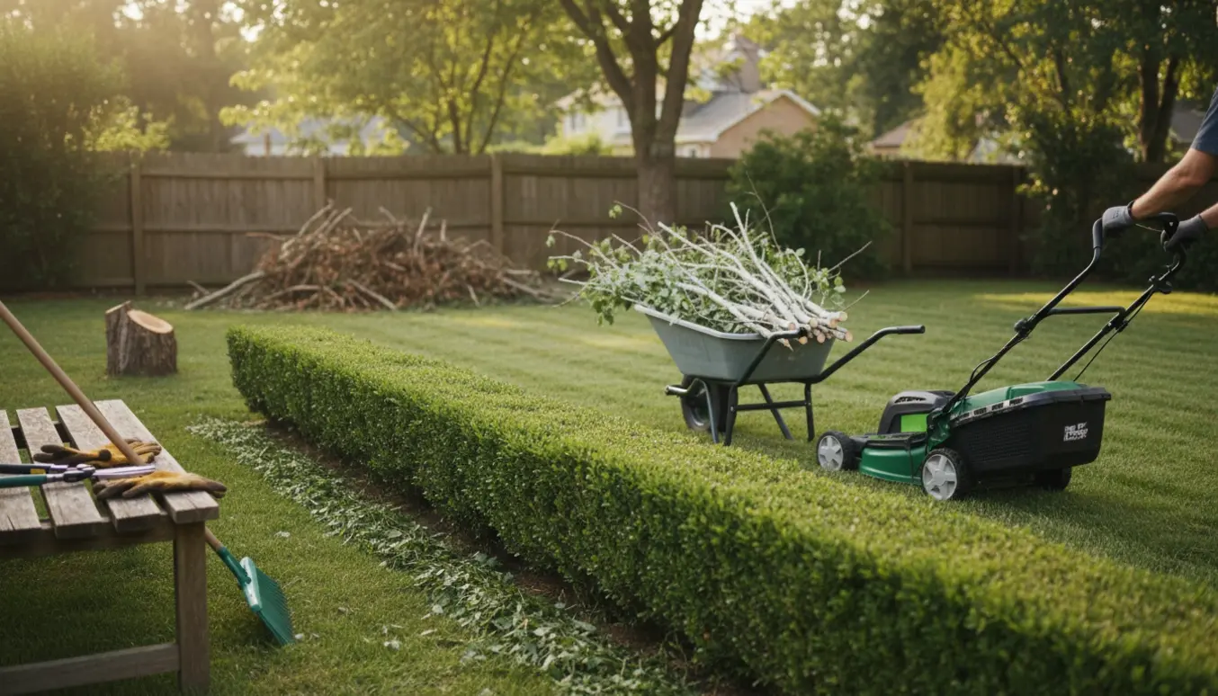 Nyklippet hæk og nyslået græs med trillebør fyldt med birkegrene og haveaffald klar til afhentning.