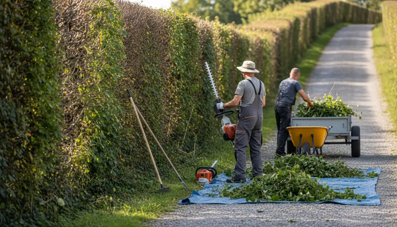 To personer set bagfra klipper en ca. 40 m lang, 2 m høj ukrudtshæk langs en faldende sti, mens haveaffald samles i trillebør til bortkørsel.