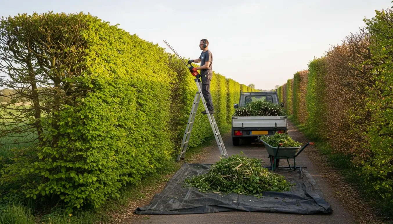 Lang bøgehæk trimmes, og afklip læsses i en trailer mens personens ansigt ikke er synligt.