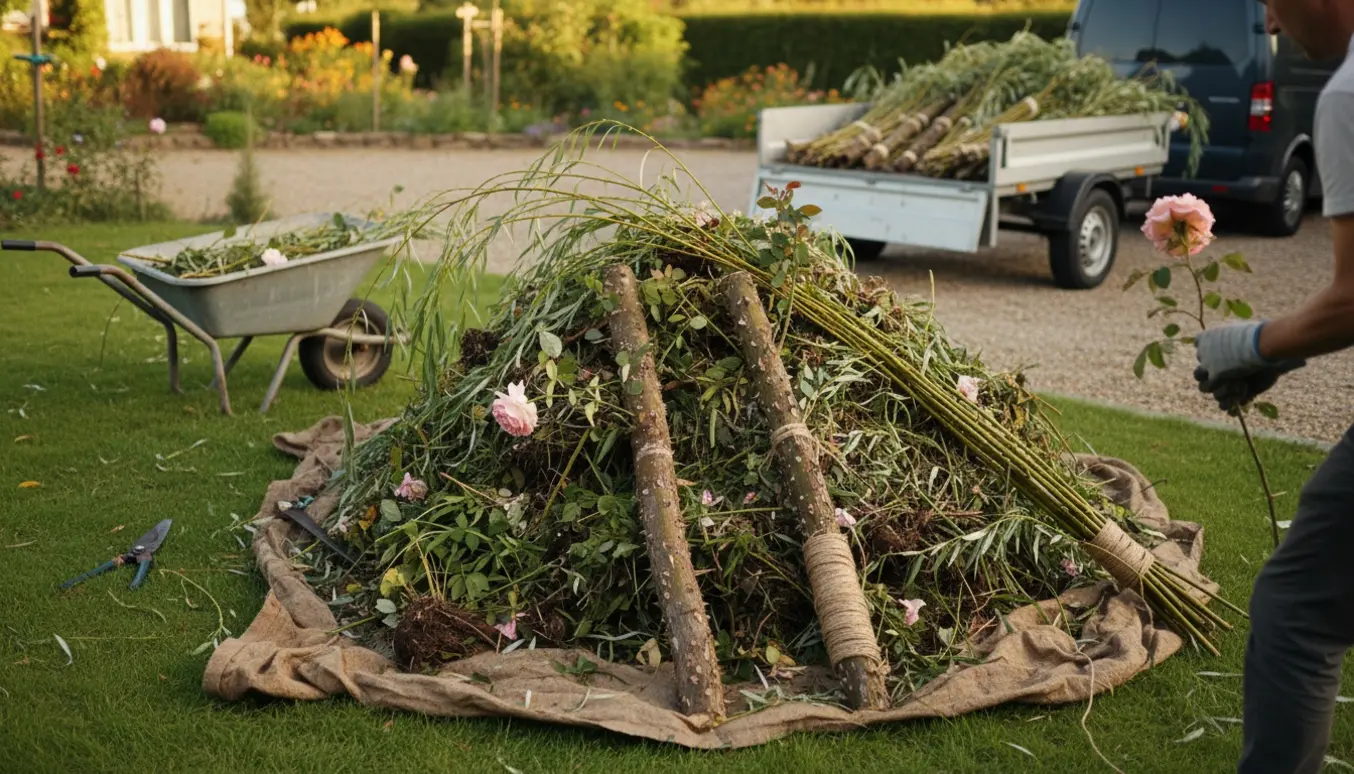 Stor bunke haveaffald med pilegrene, afskårne roser og bundter klar til afhentning.