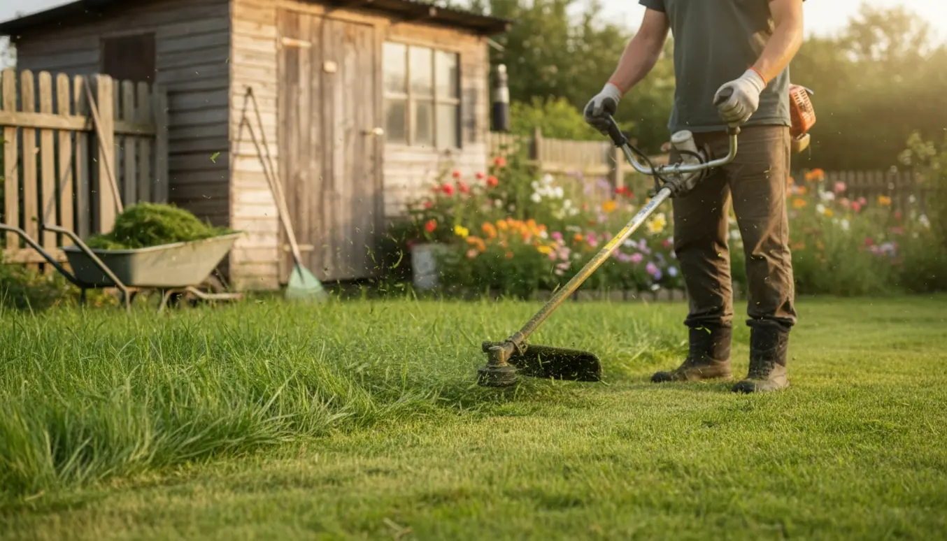 En buskrydder klipper halv meter højt græs i en have, med et tydeligt klippet spor og græsafklip ved siden af.