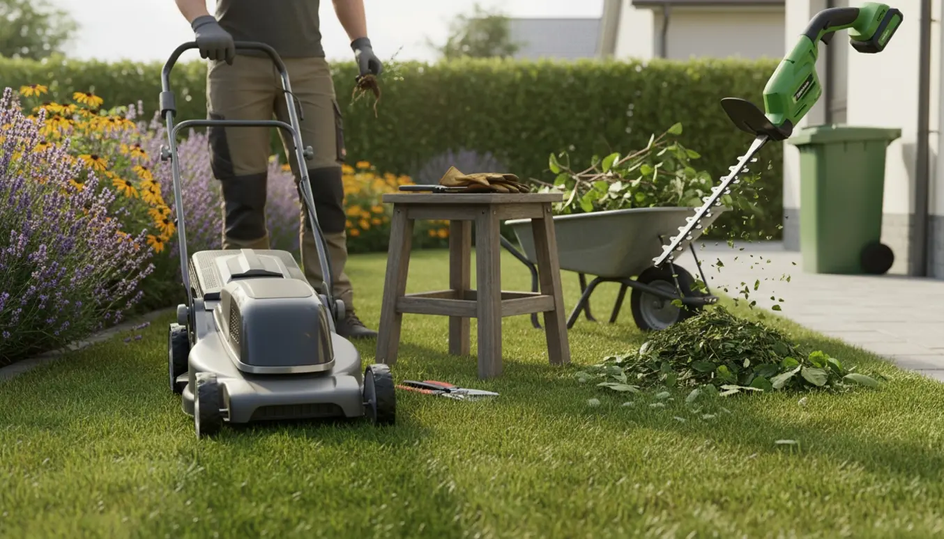 Nærbillede af havearbejde med græsslåmaskine, hækkeklipper og beskårne grene i en velplejet villahave.