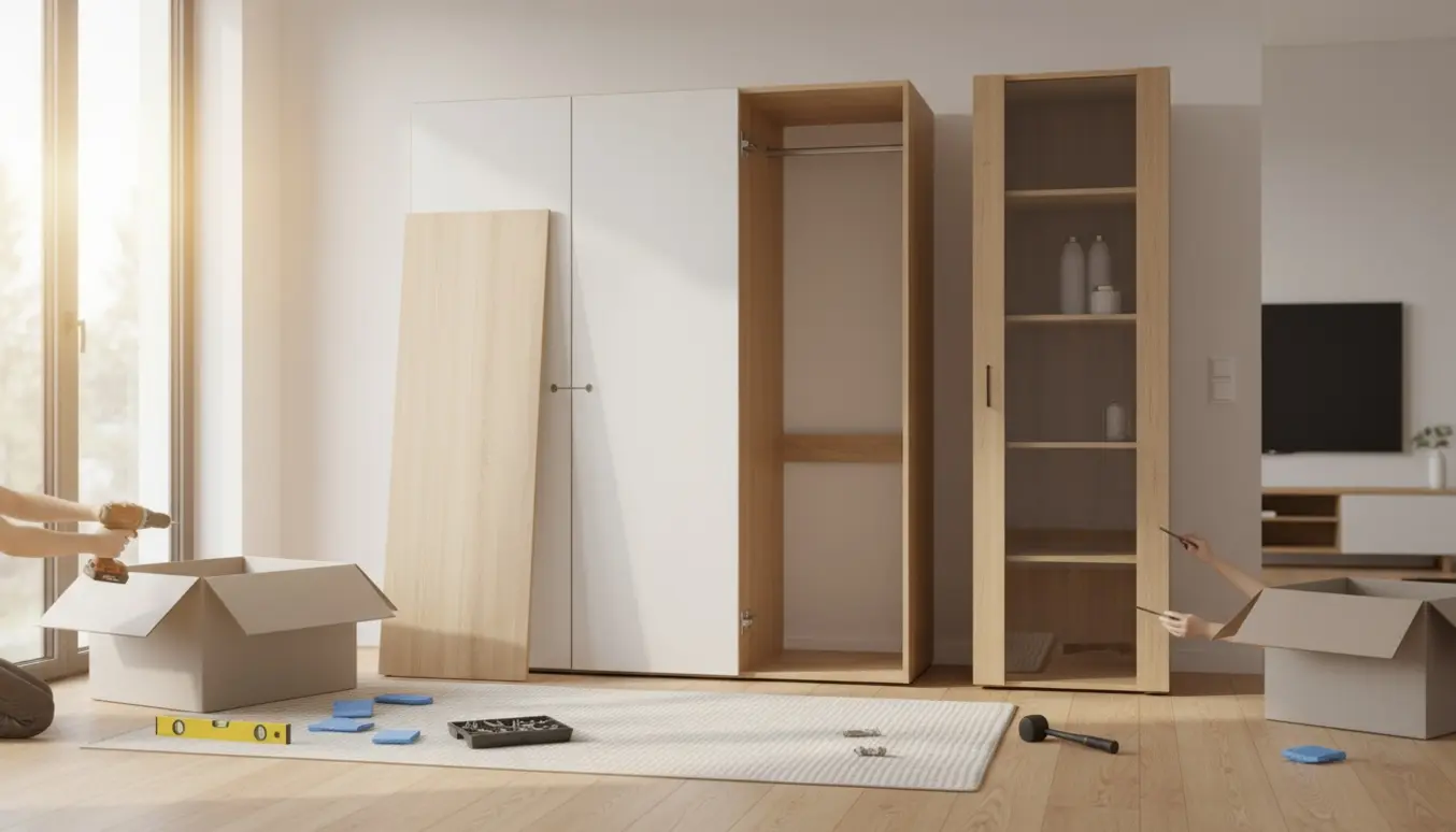 Delvist samlet trefløjet klædeskab og vitrineskab i en lys stue med værktøj spredt omkring.