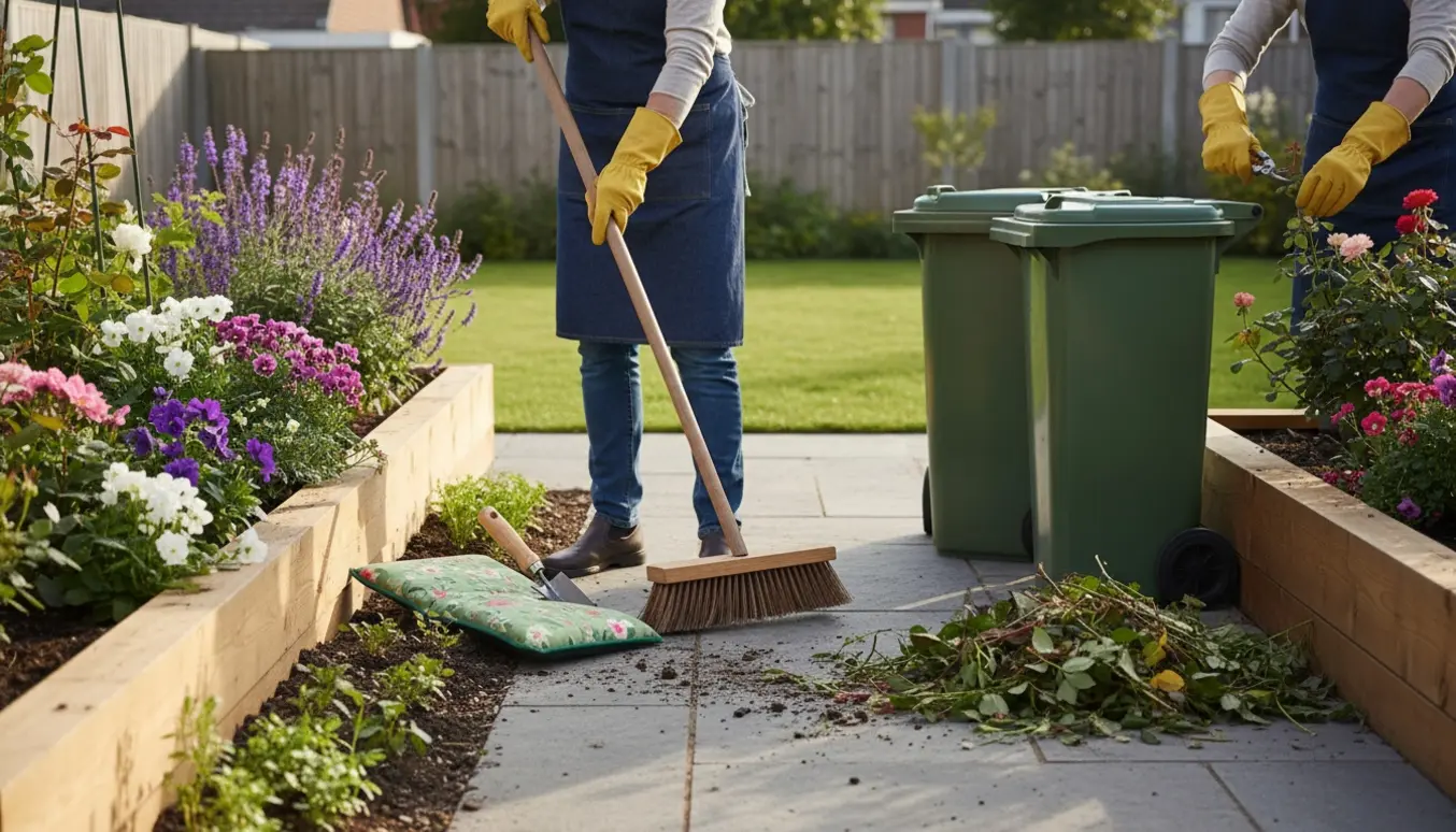 Lettere havearbejde med rive, kost og grensaks ved fliser og blomsterbede, to store grønne spande til haveaffald.