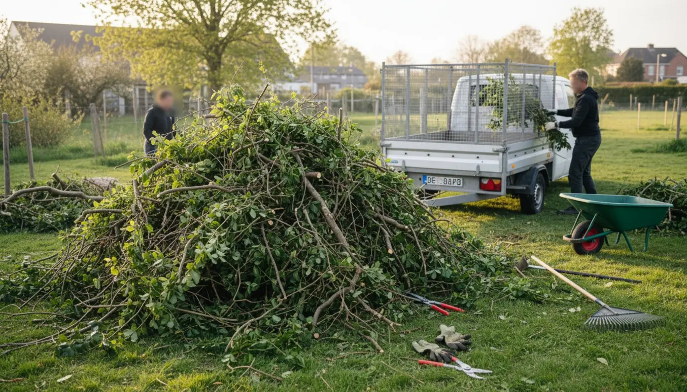 Stor løs bunke grene og hækafklip ved en forenings havedag, klar til afhentning fra en lille trailer.
