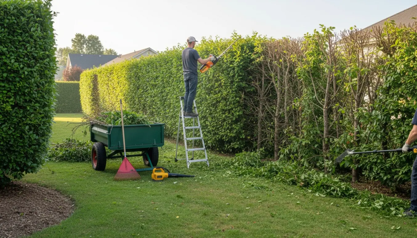 Gartnere beskærer en lang hæk, med afklip samlet i trillebør og trailer klar til bortkørsel.