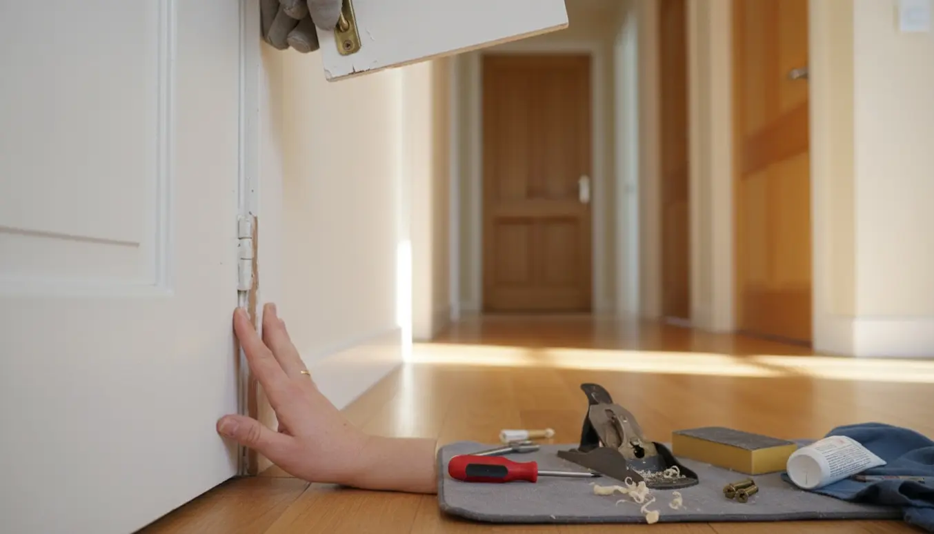 Nærbillede af to indendørs døre, der binder, og en hånd, der drejer en lille låsekrog på loftslugen.