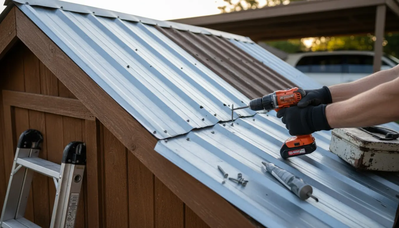Nærbillede af nyt skurtag ved carport med løse skruer og en boremaskine klar til at fastgøre dem.