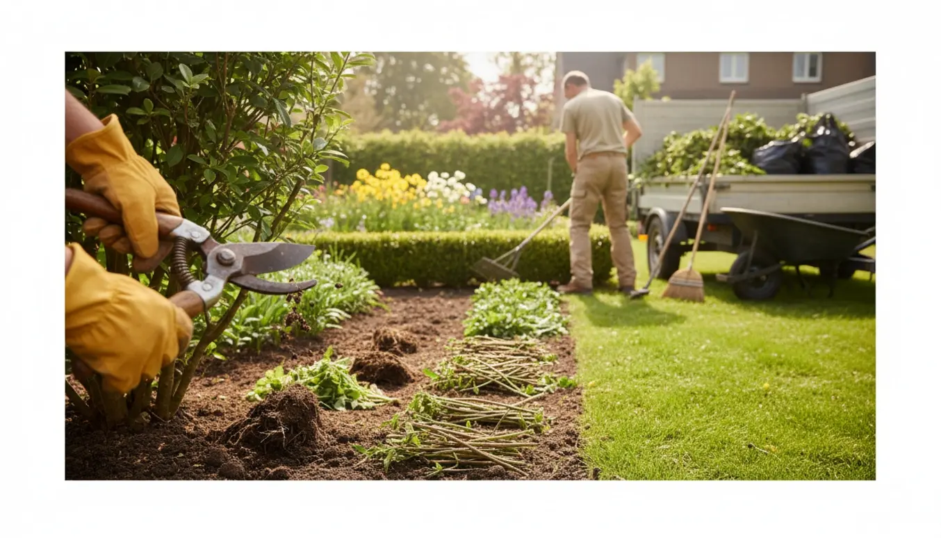 Havearbejde med beskæring, fjernet ukrudt og trailer fyldt med bundter klar til bortkørsel.