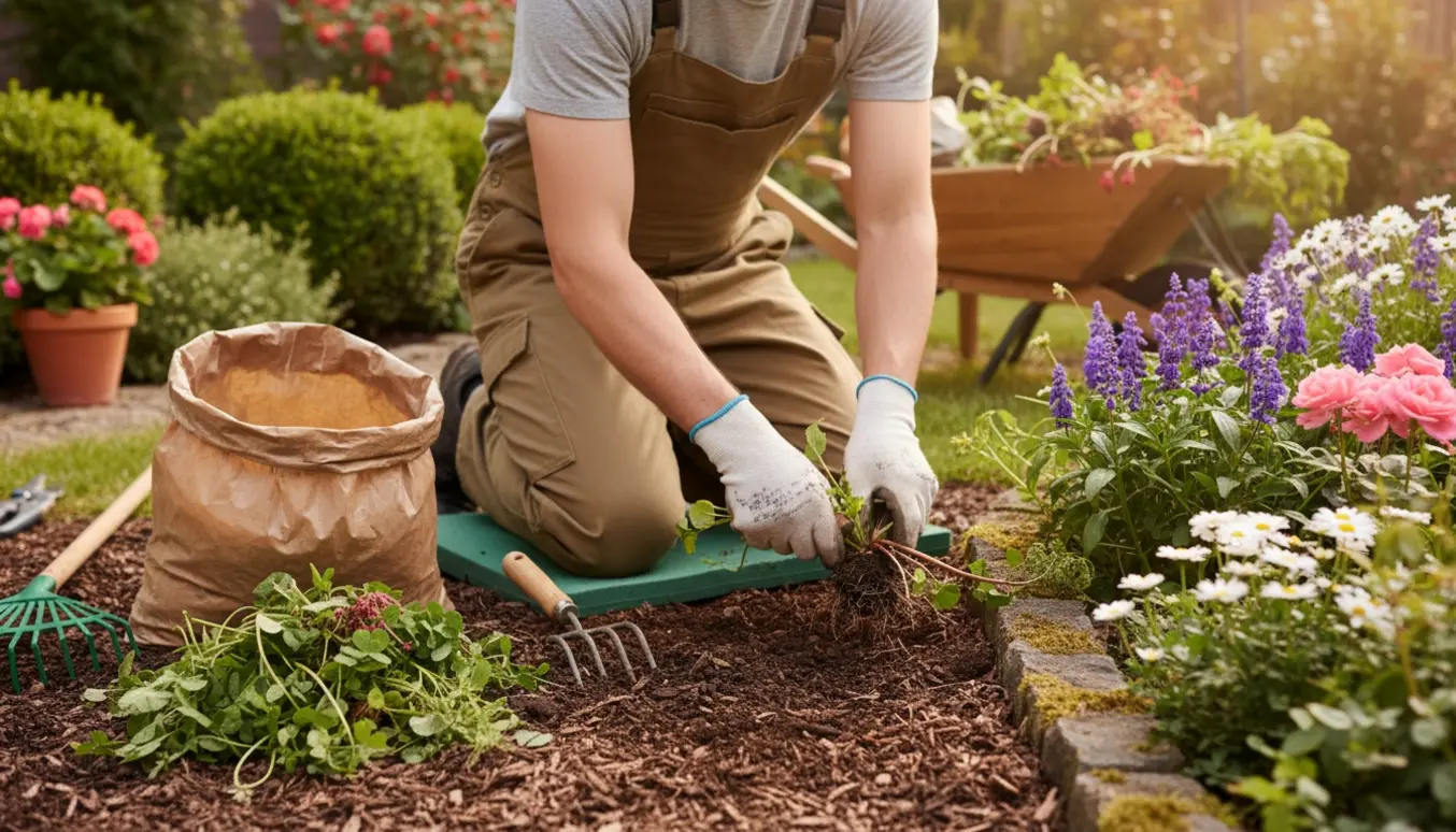En person knæler og fjerner ukrudt fra et blomsterbed med handsker, håndskovl, trillebør og haveredskaber i baggrunden.
