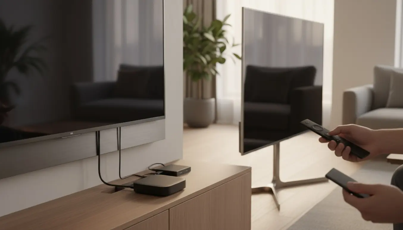 To premium-tv forbundet til en kompakt sort tv-boks, mens hænder tilslutter HDMI-kabler og bruger en slank fjernbetjening.