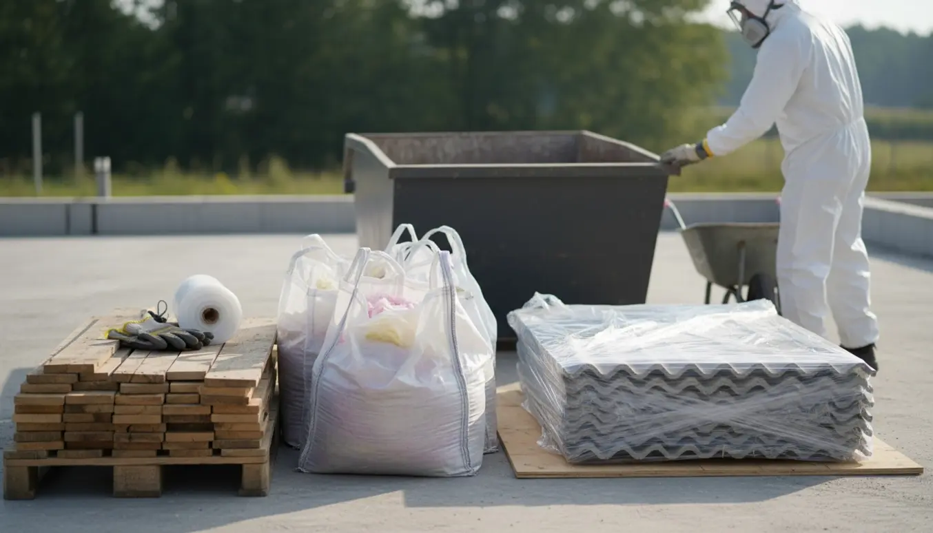 Sorteret byggeaffald med stabler af træ, forseglede isoleringssække og indpakkede eternitplader på en byggeplads.
