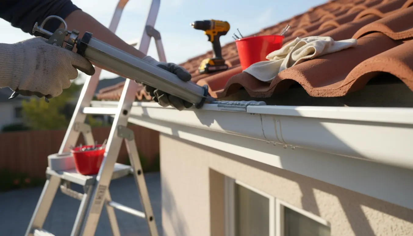 Nærbillede af en hånd i arbejdshandske, der tætnes en utæt samling på en tagrende, med en anden læk samling synlig.