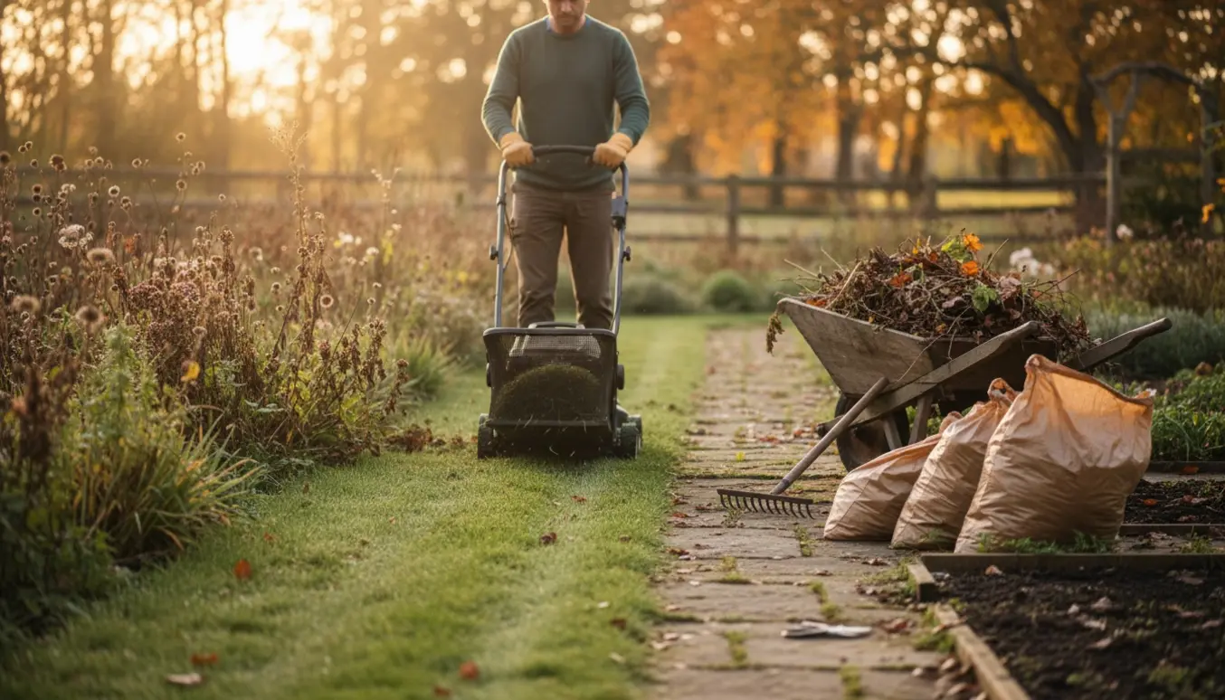 Efterårspleje i haven med græsslåning af langt græs, ukrudtsrensning og opsamling af blade.