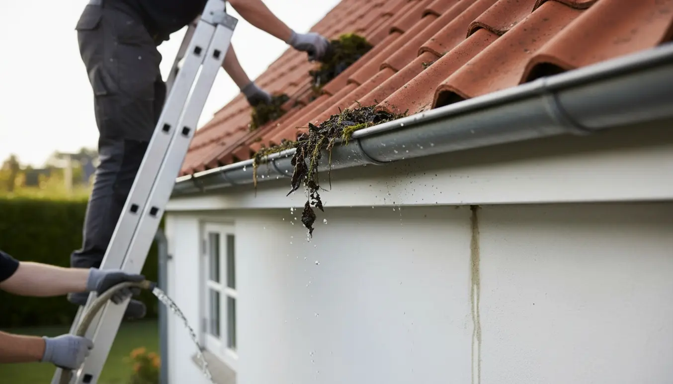 Håndværker på stige renser tagrende over vindue med synlig vandskade og afløbsrensning.