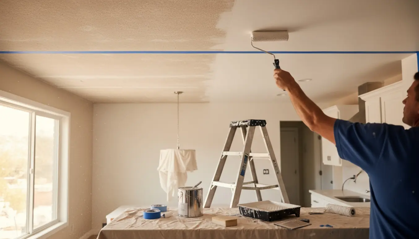 Et køkken-stue loft, delvist slebet og delvist nymalet, med rulle, stige og afdækningsdug.