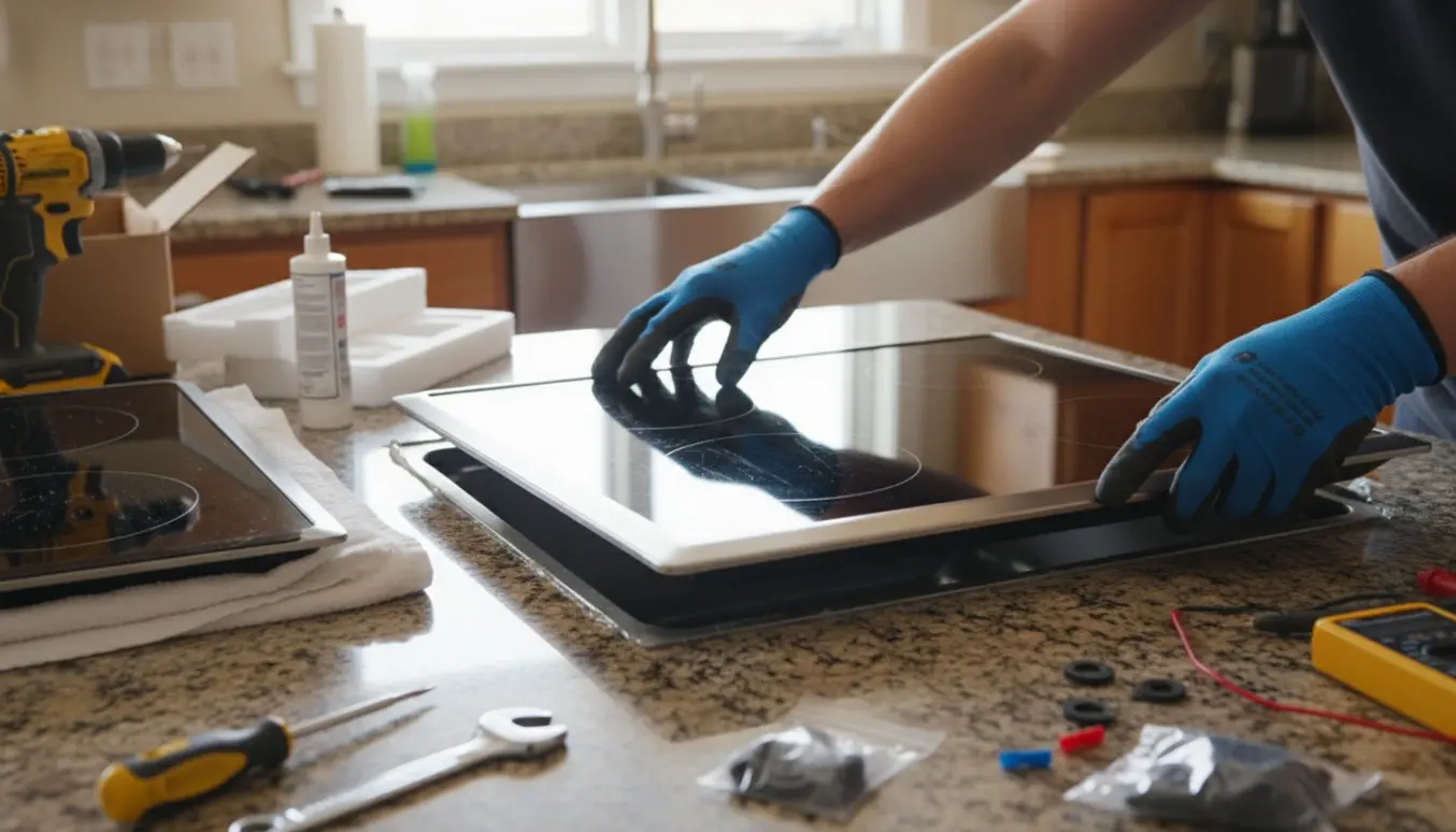 Nye induktionskogeplade sænkes ned i køkkenbordets udskæring, mens hænder med handsker guider den på plads.