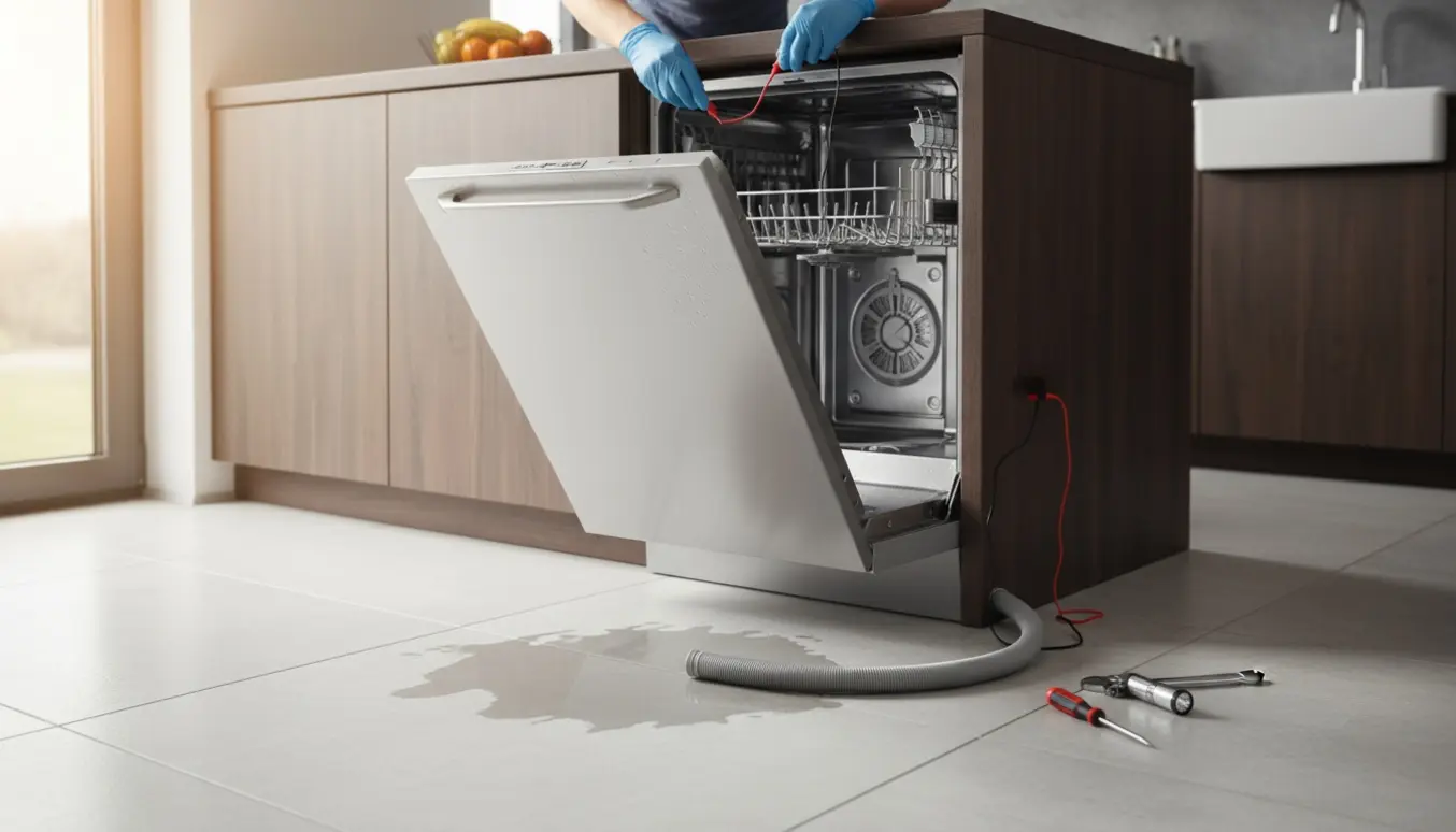 Åben opvaskemaskine med synligt bundfilter og værktøj, mens hænder i handsker undersøger dræpområdet.