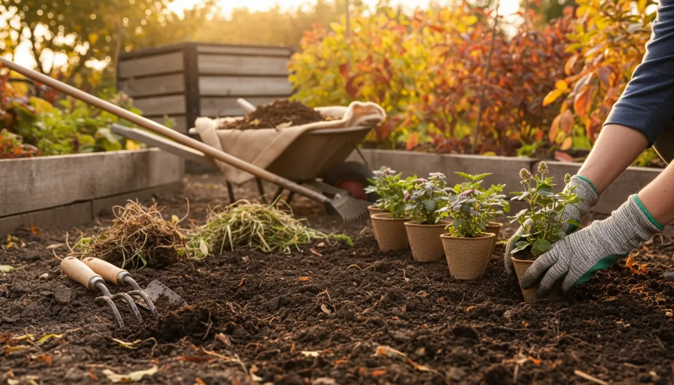 Hænder i haverhandsker planter stauder i et bed omgivet af renset ukrudt og efterårsblade.