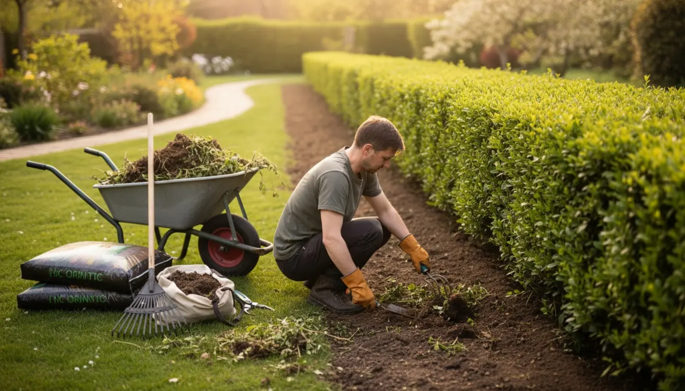 Handsker og haveredskaber fjerner ukrudt langs bunden af en lang ligusterhæk.