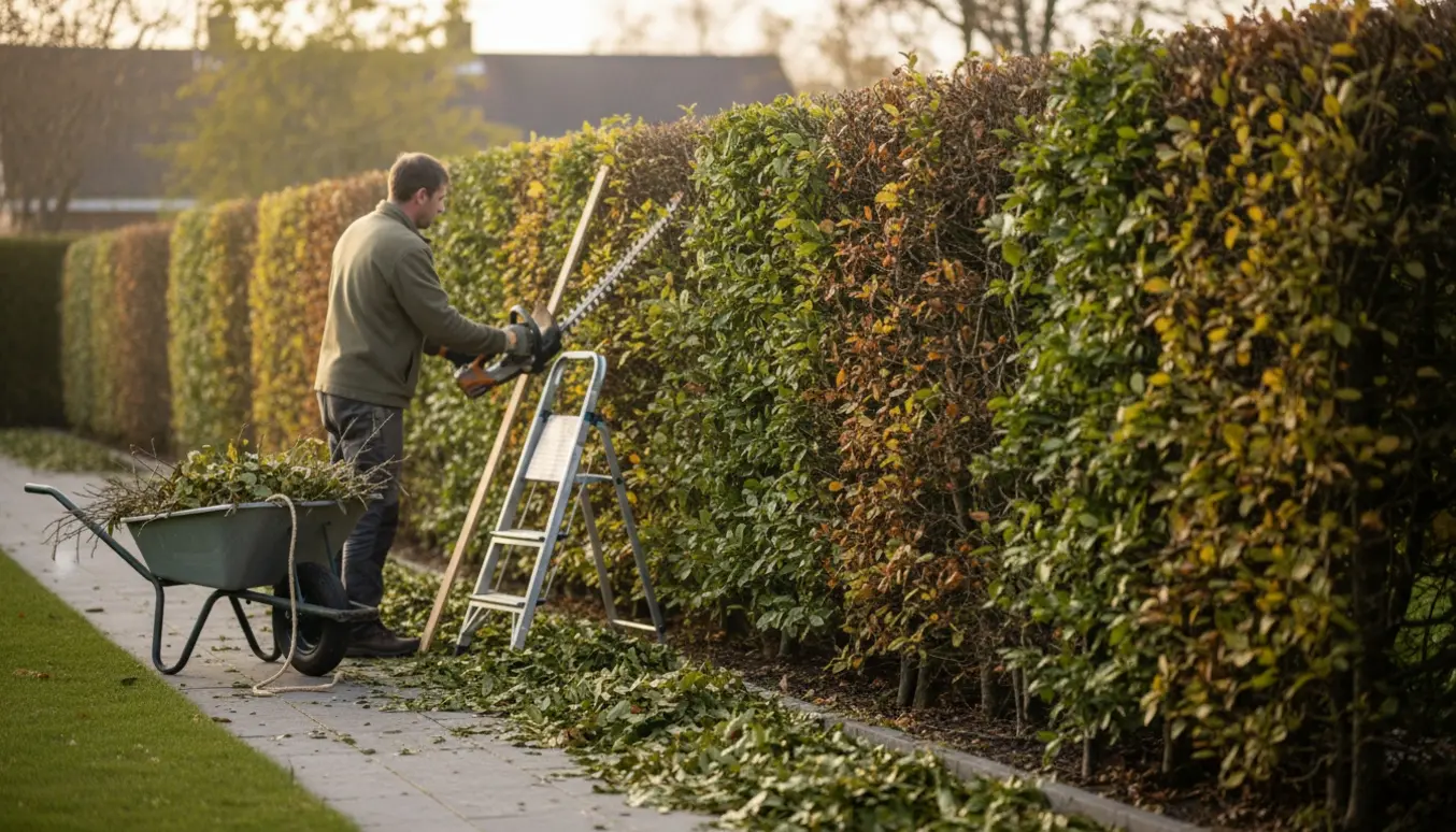 Person beskærer en ca. 2 meter høj og 15 meter lang bøgehæk i en velholdt have.