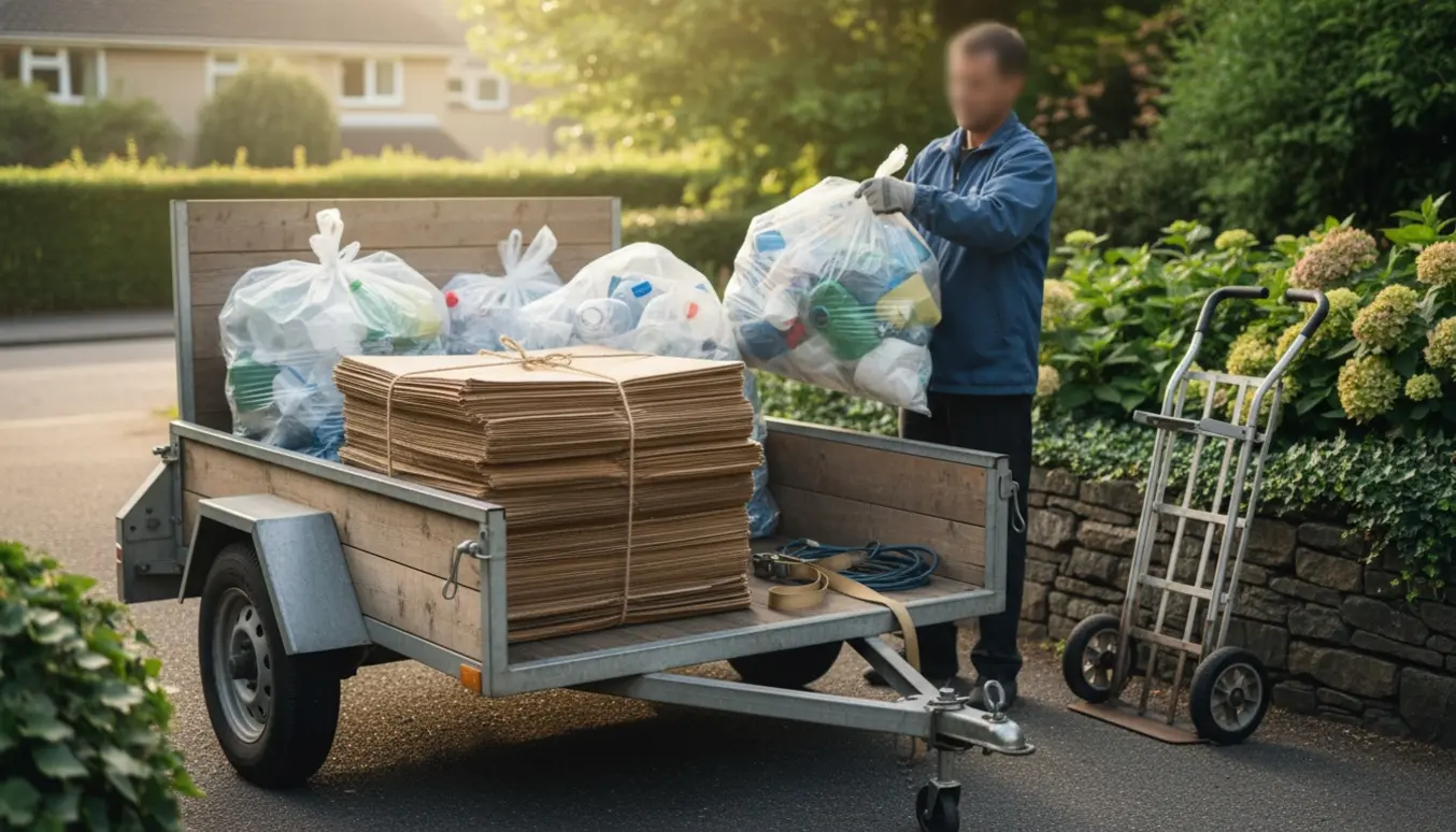 Åben trailer i indkørsel fyldt med bundtet pap og sække med plast, en person læsser uden at vise ansigt.