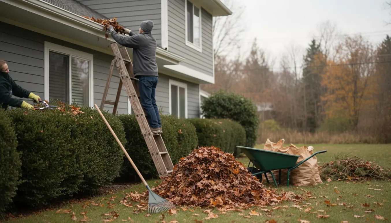 Person i baggrunden gør en velholdt, kompakt have vinterklar med rive, hækkeklipper og rensning af tagrende.